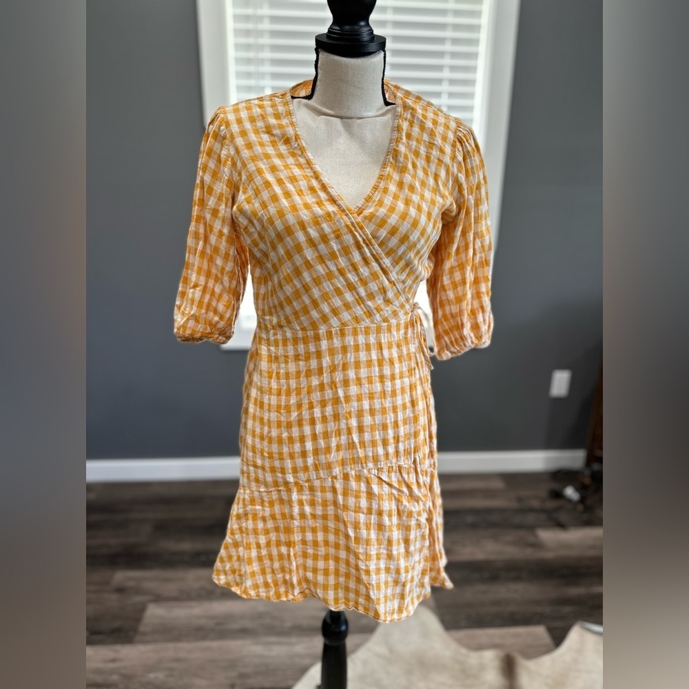 Lush Dress Cottagecore Wrap Tie Pastel Yellow Checkered Midi Size Medium Granny